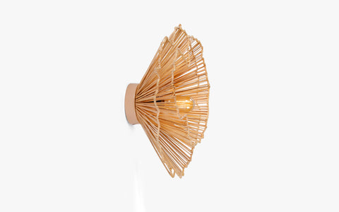 Klimt Cane Wall Lamp with natural cane shade on an abstract mild steel frame. Impressionism-inspired design for a unique decorative wall light