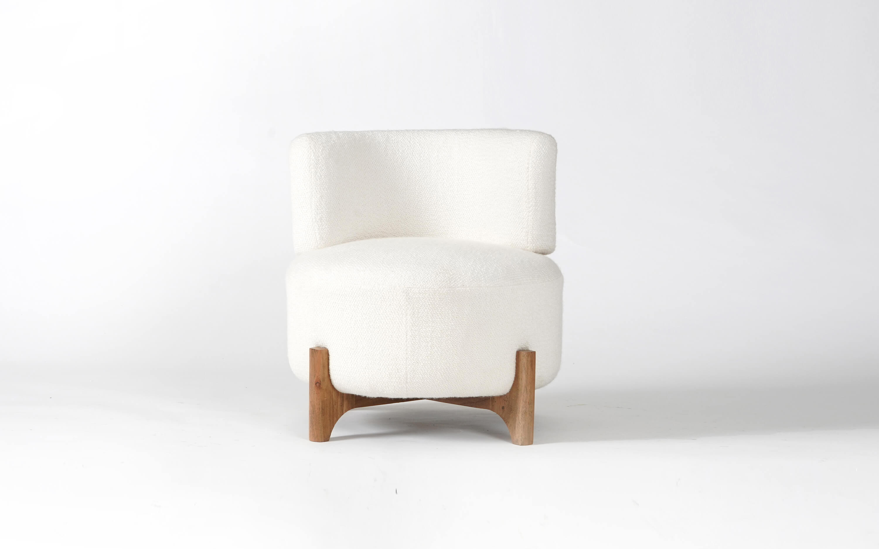 Liam Lounge Chair with Comfortable White Upholstery and Wood - Close shot - from right angle - Orange Tree