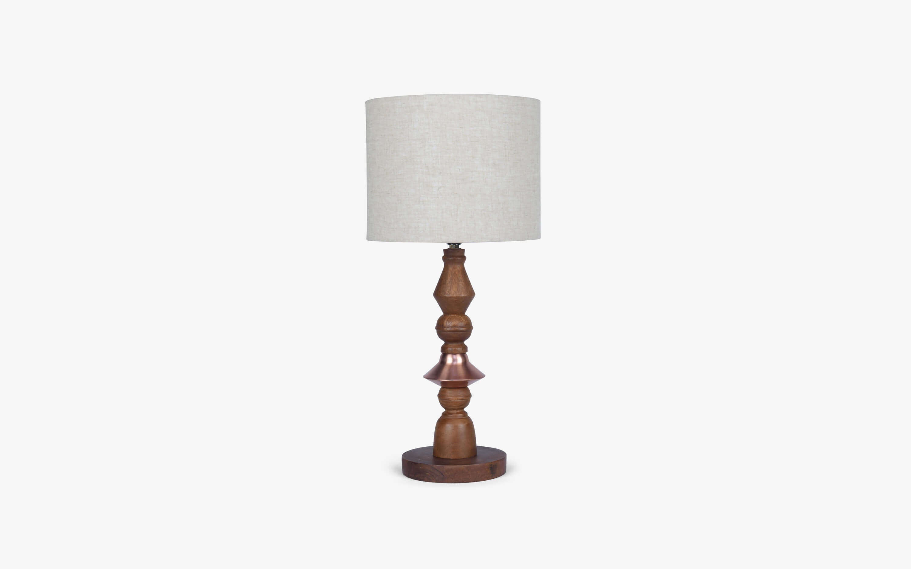 Jodha Copper Wood Bedside Table Lamp | White Shade - with white background - Orange Tree