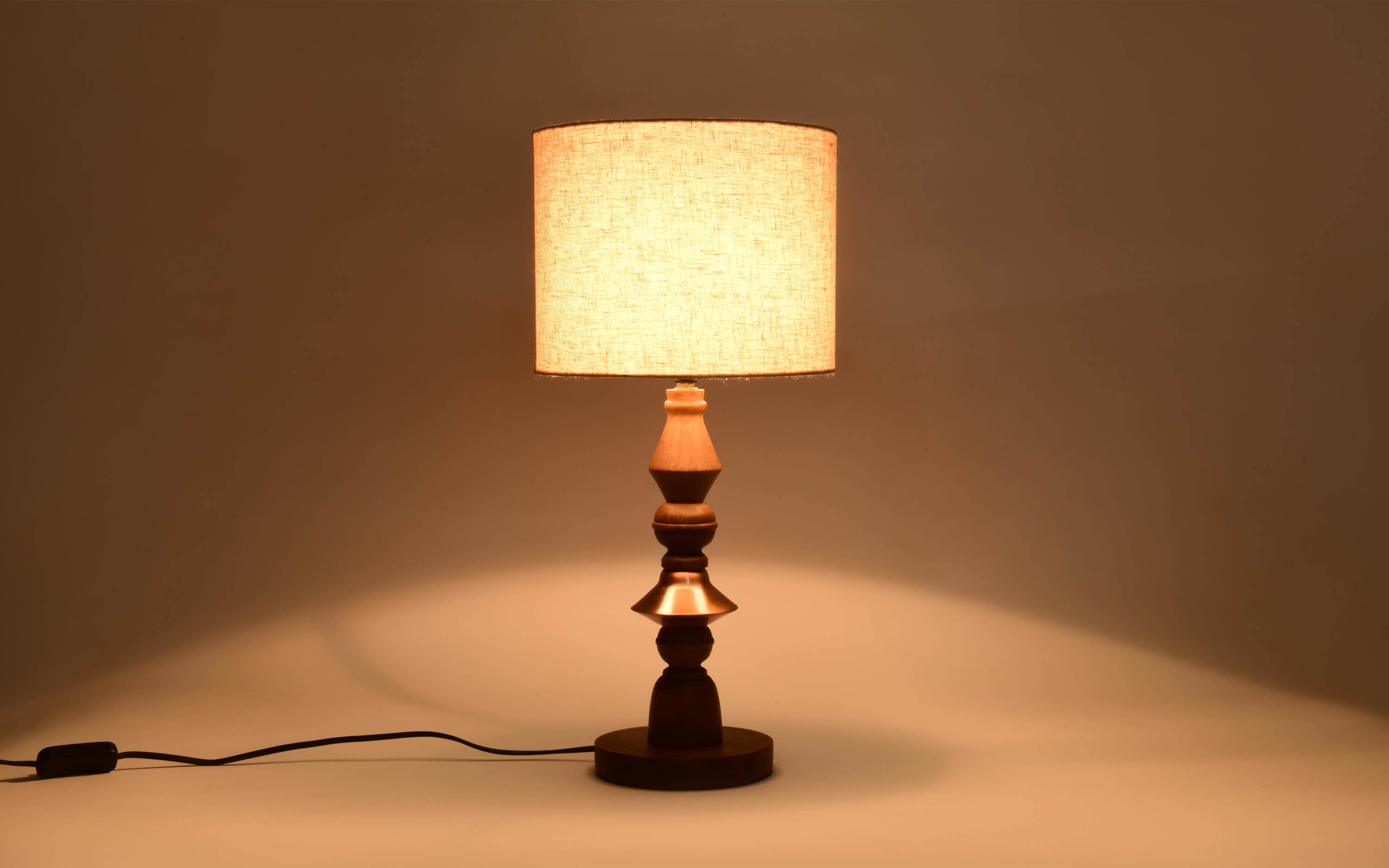 Jodha Copper Wood Bedside Table Lamp | White Shade - Close shot - from right angle - Orange Tree