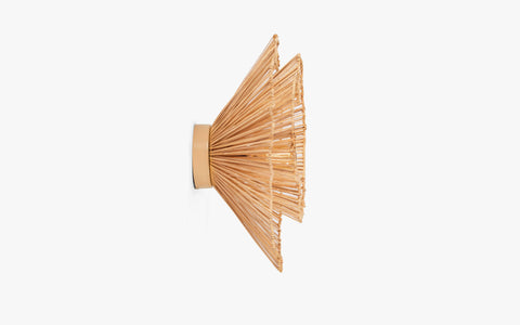 Klimt Cane Wall Lamp with natural cane shade on an abstract mild steel frame. Impressionism-inspired design for a unique decorative wall light