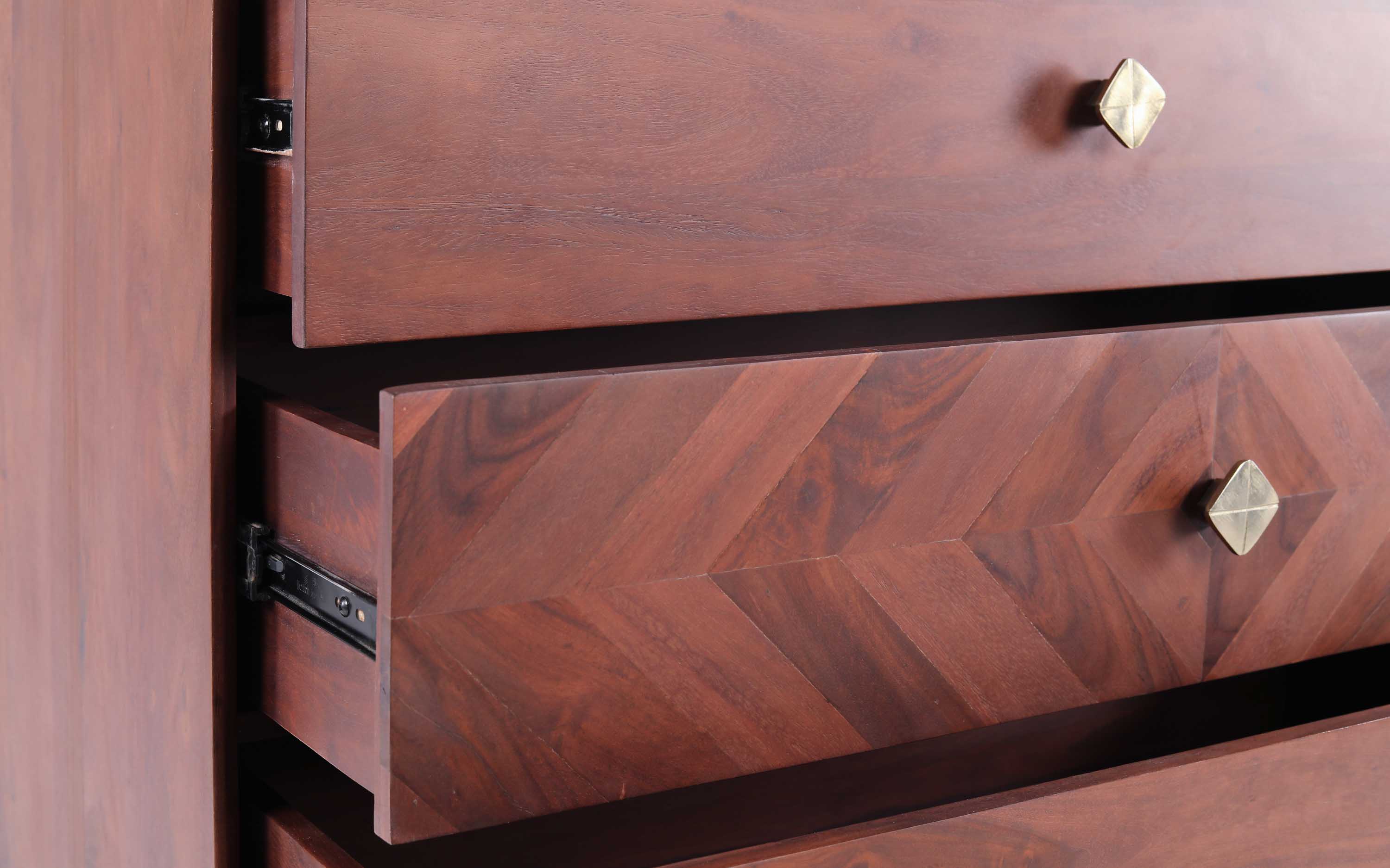 Dado Chest of Drawers in Sheesham Wood Autumn Brown Finish - Close shot - from upper angle - Orange Tree