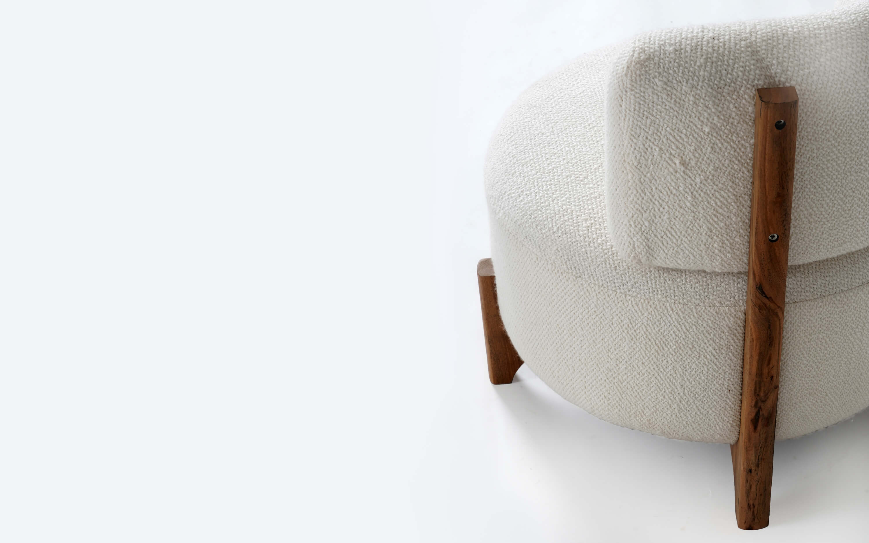 Liam Lounge Chair with Comfortable White Upholstery and Wood - Close shot - from left angle - Orange Tree