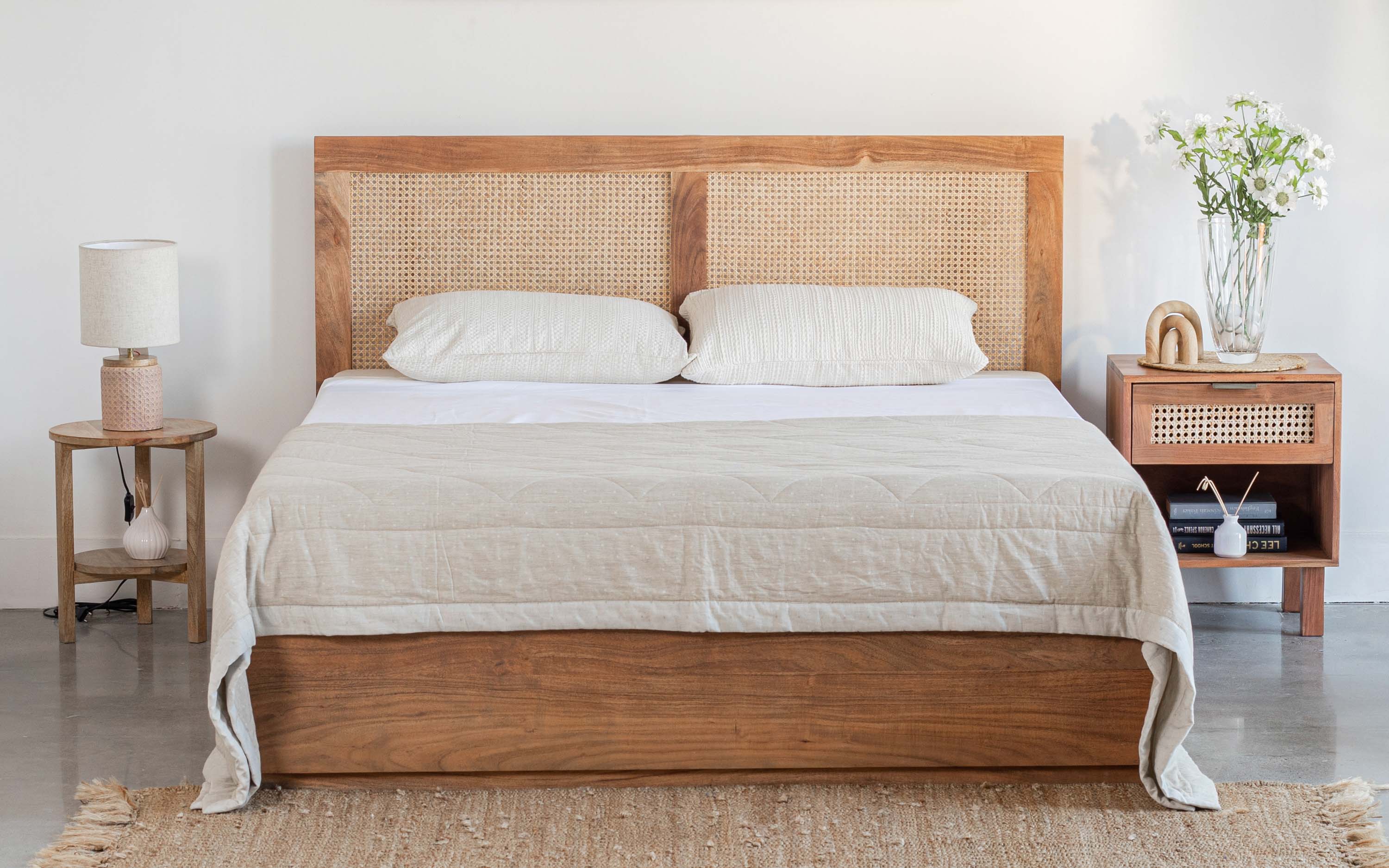 Buy Kyoto Bedside Solid Wood Table with Cane Drawer - Close shot - from right angle - Orange Tree
