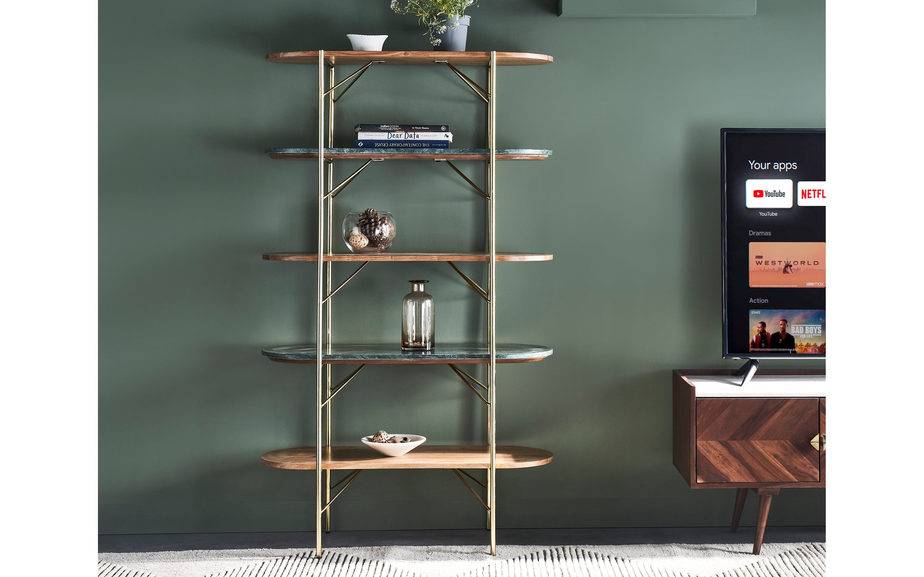 Jade Bookshelf with the 5 stages, plant , books and decorative items on ite