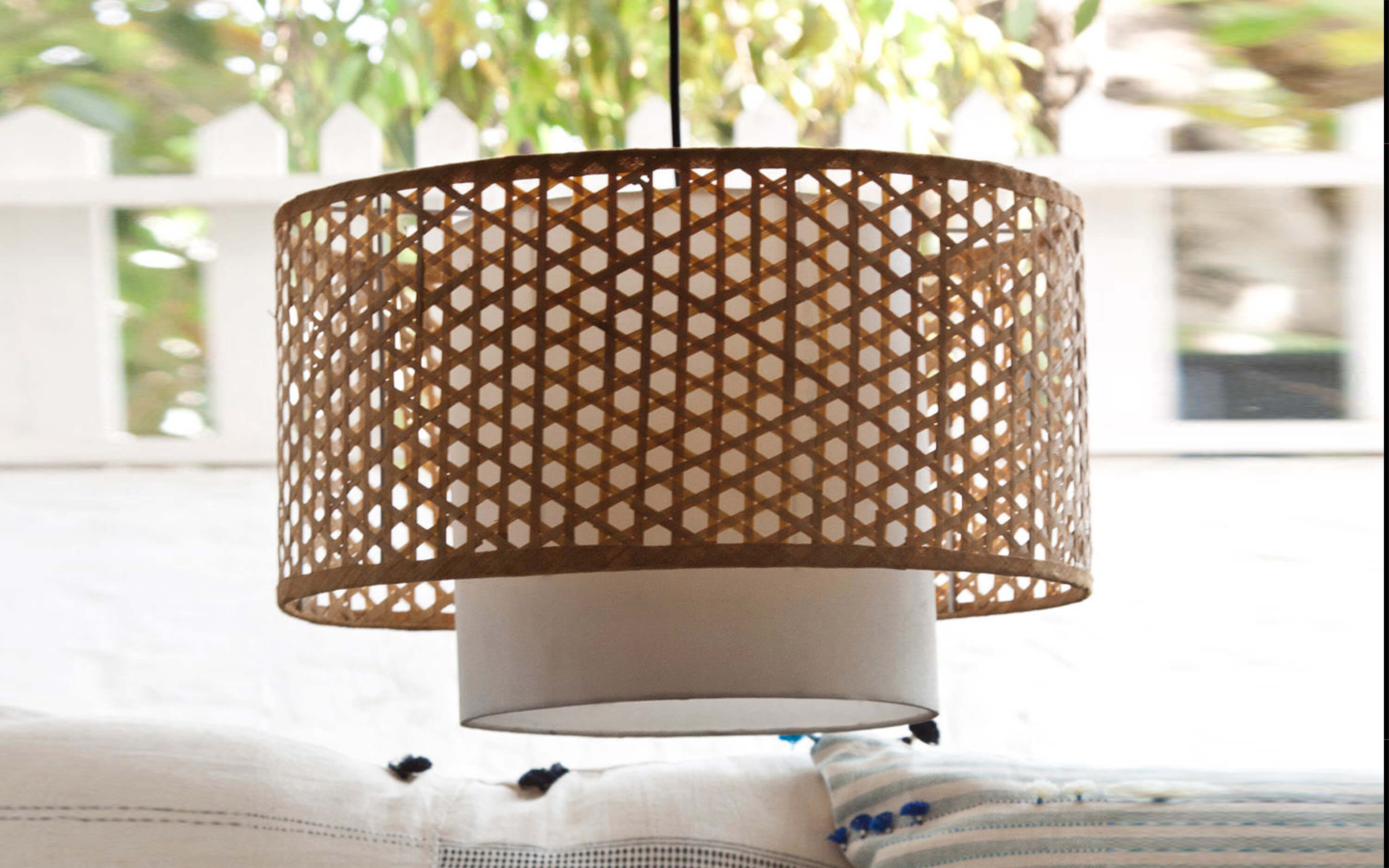 Canna Bamboo Hanging Lamp with Natural Cane Finish - Close shot - Orange Tree