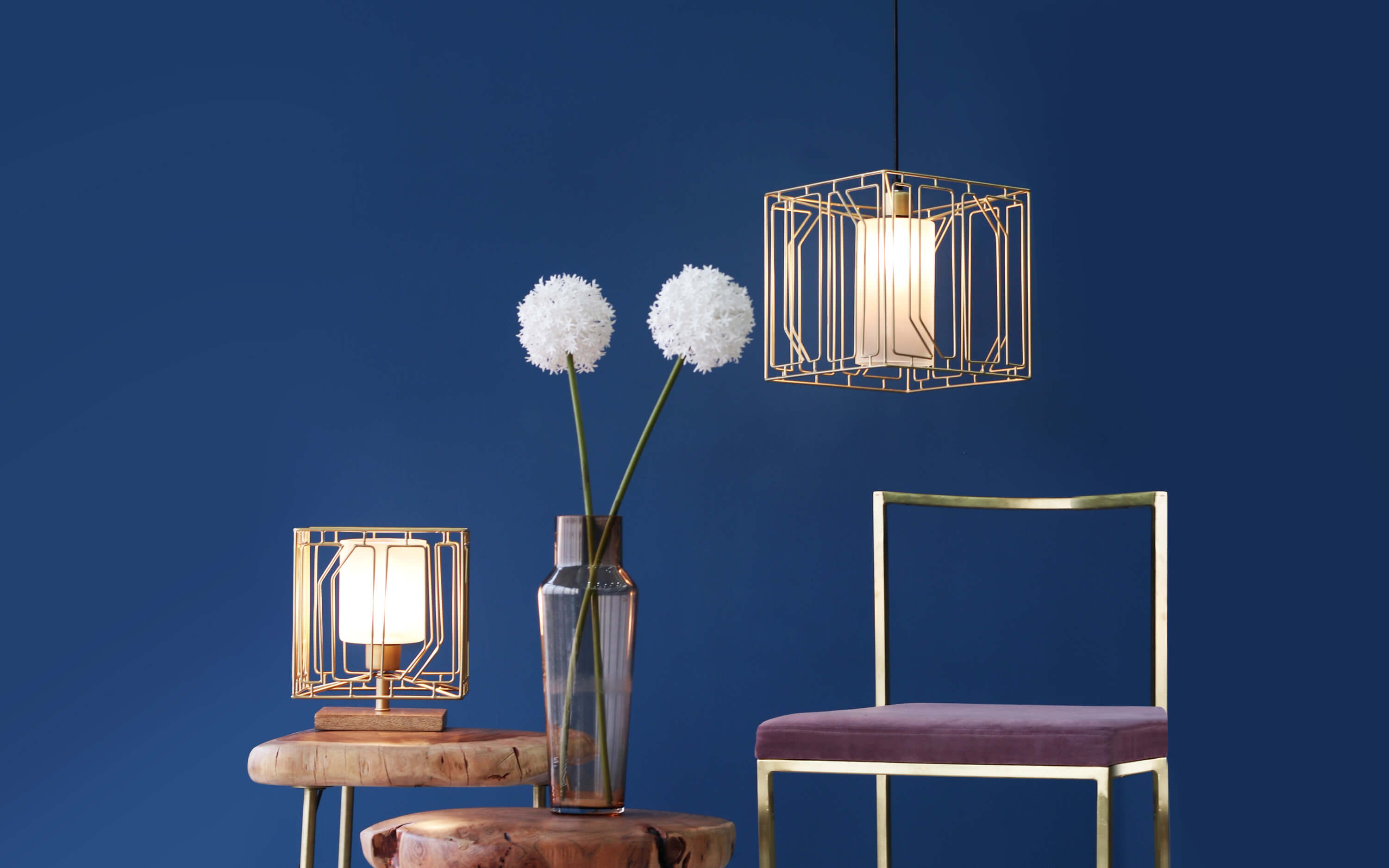 Buy Choku Square Hanging Light for Bedroom in Gold Finish - Close shot - from left angle - Orange Tree