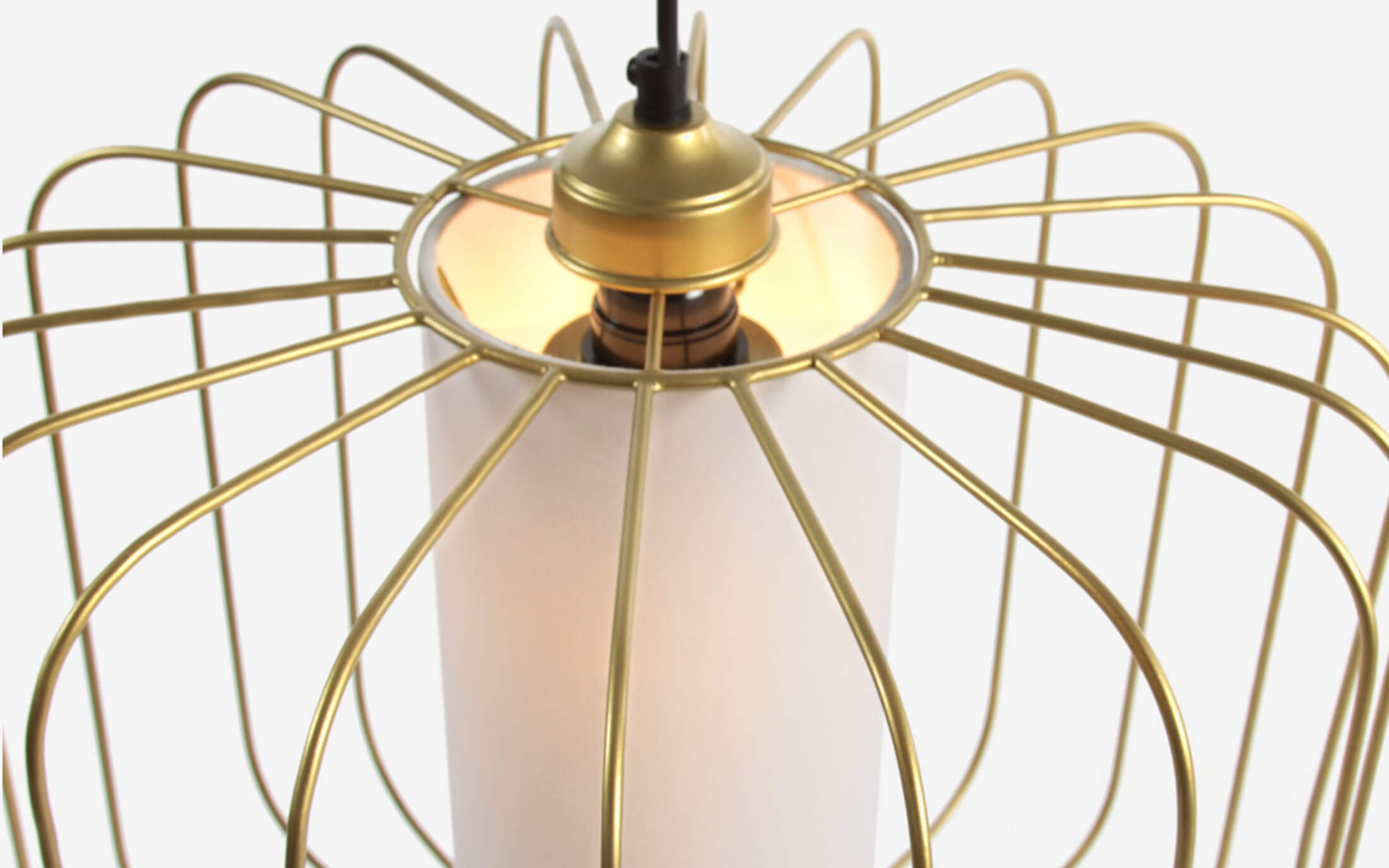 Merriam Gold Hanging Lamp with Off-White Cotton Shade - Close shot - from left angle - Orange Tree