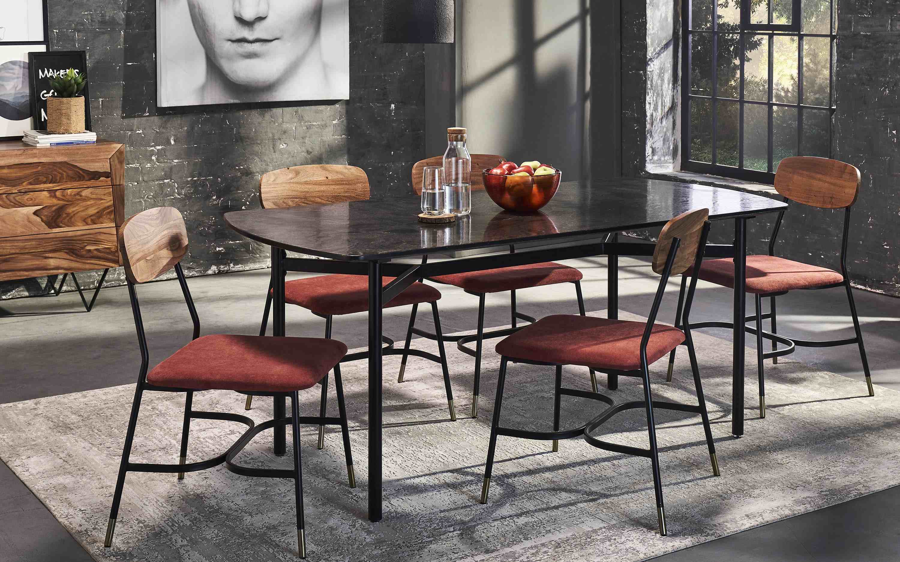Ipiano Dining Table 6 Seater black stone top designa in dining troom with 6 chairs